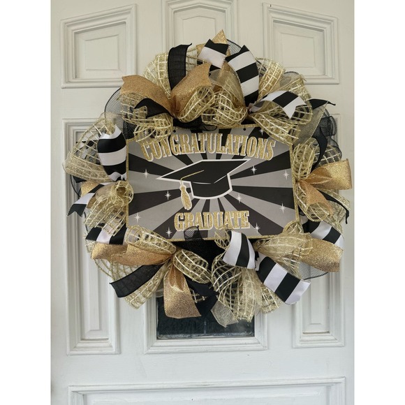 Congratulations Graduate Ribbon & Deco Mesh Wreath Door Hanger, Graduation Gift - Picture 1 of 7